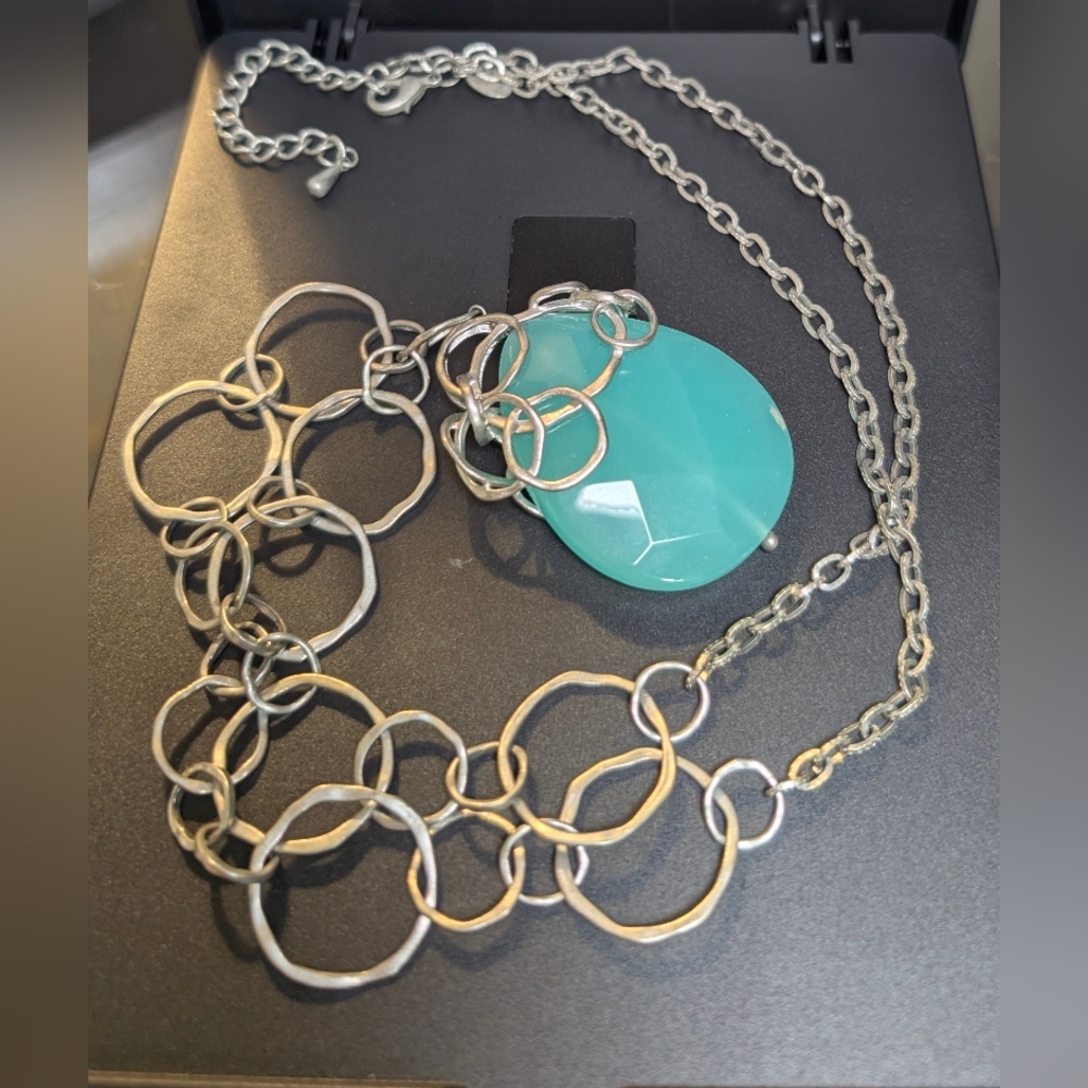 Lia Sophia Aqua Glass Pendant Necklace Silver Statement Coastal Quiet Luxury - Picture 4 of 9